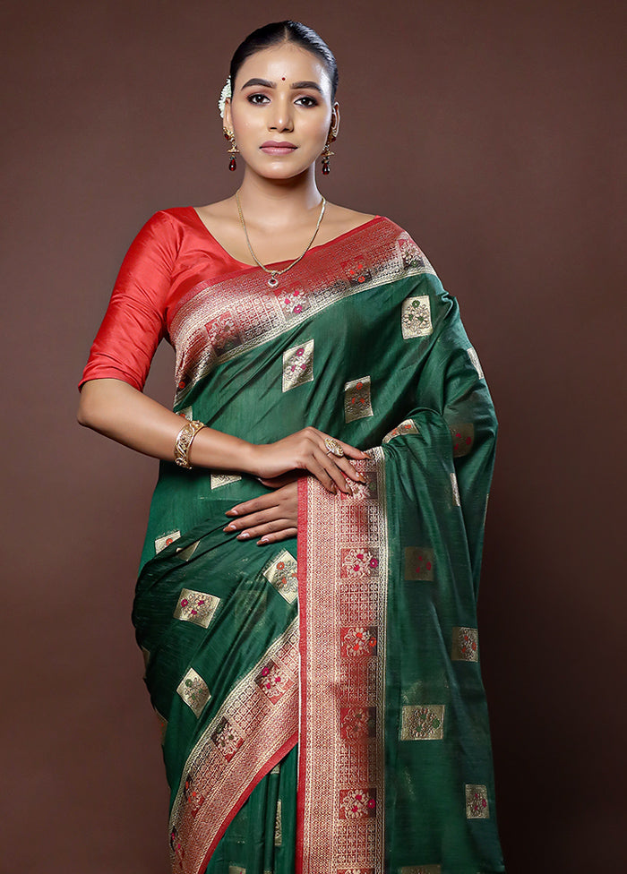 Green Dupion Silk Saree With Blouse Piece