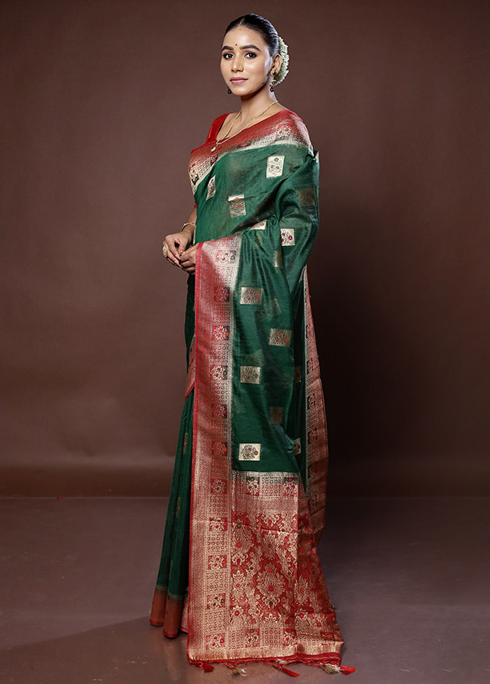 Green Dupion Silk Saree With Blouse Piece