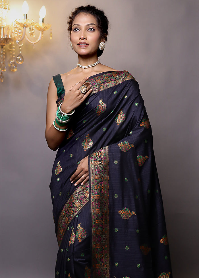 Blue Dupion Silk Saree With Blouse Piece - Indian Silk House Agencies