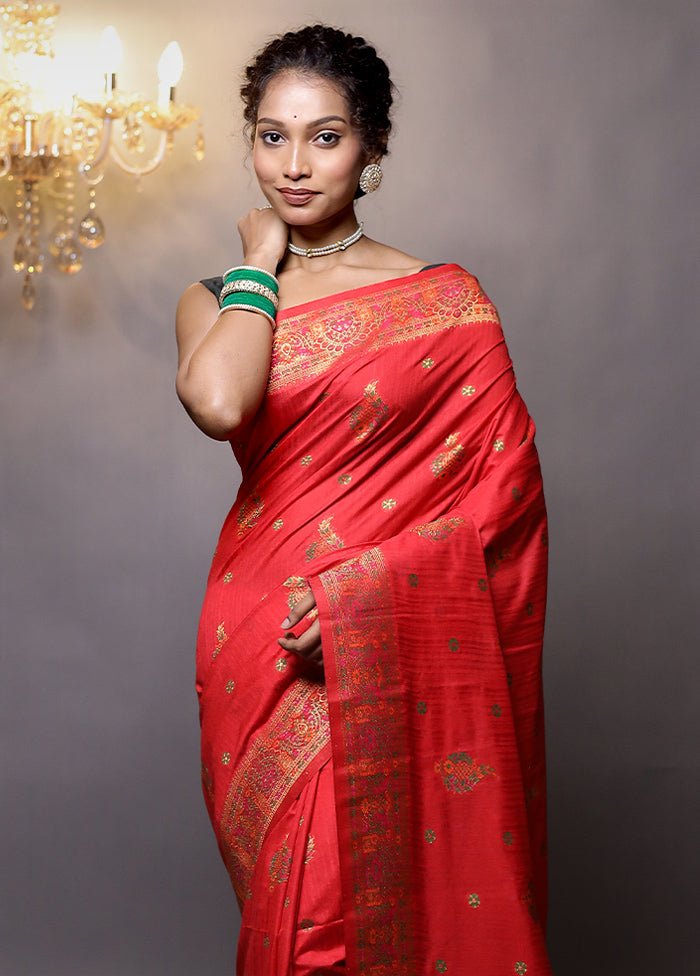 Red Dupion Silk Saree With Blouse Piece