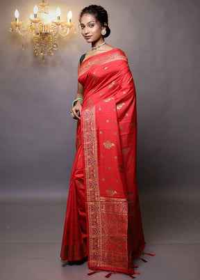 Red Dupion Silk Saree With Blouse Piece