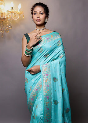 Blue Dupion Silk Saree With Blouse Piece