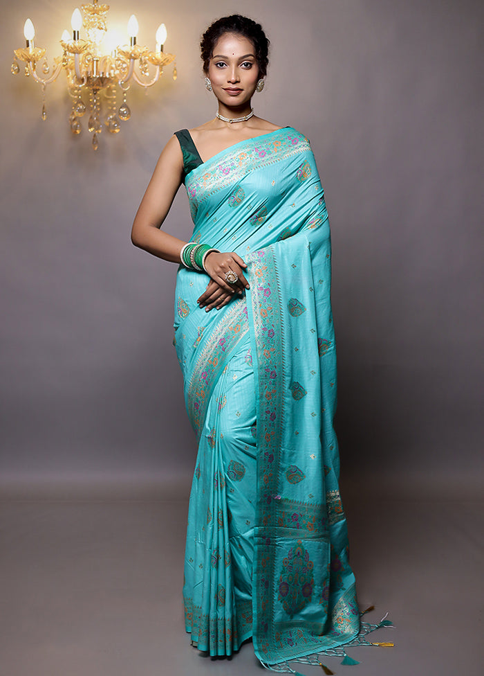 Blue Dupion Silk Saree With Blouse Piece - Indian Silk House Agencies