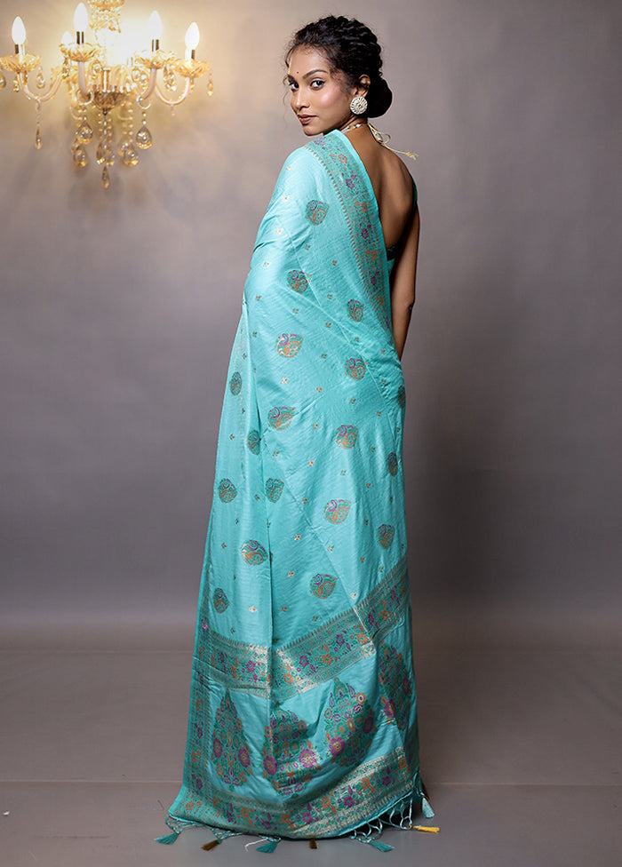 Blue Dupion Silk Saree With Blouse Piece - Indian Silk House Agencies