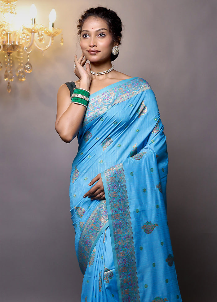 Blue Dupion Silk Saree With Blouse Piece