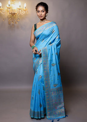 Blue Dupion Silk Saree With Blouse Piece