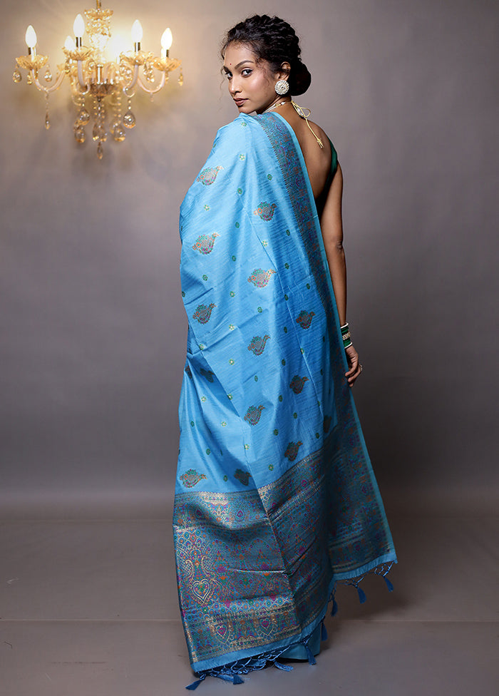 Blue Dupion Silk Saree With Blouse Piece - Indian Silk House Agencies