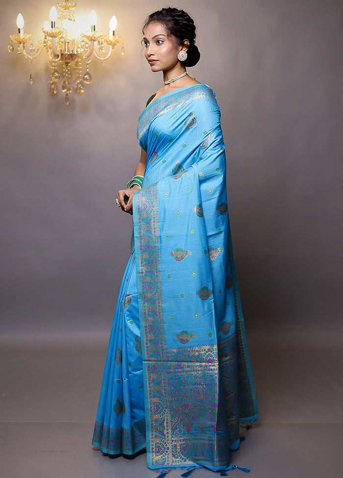 Blue Dupion Silk Saree With Blouse Piece - Indian Silk House Agencies