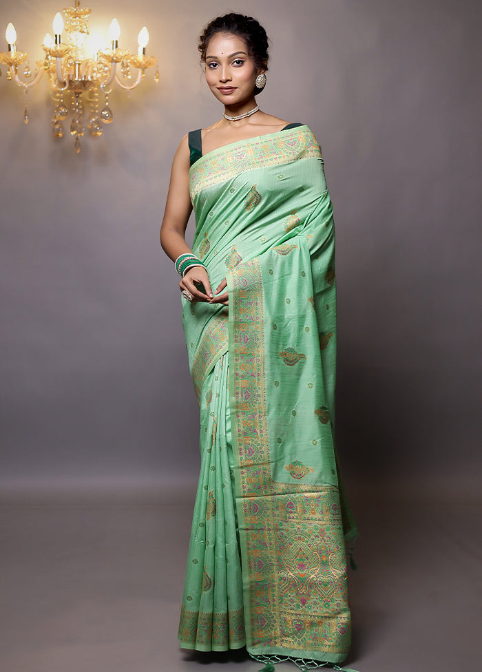 Green Dupion Silk Saree With Blouse Piece