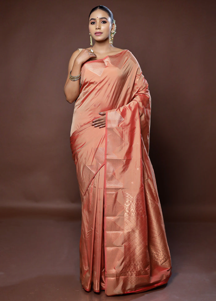 Peach Kanjivaram Silk Saree With Blouse Piece