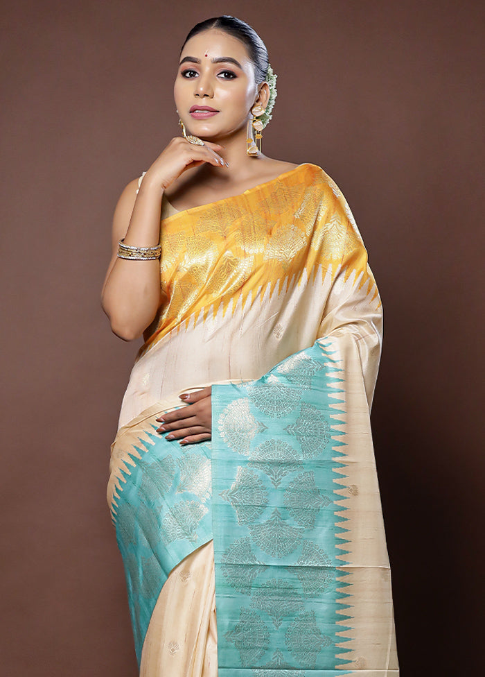 Cream Tussar Silk Saree With Blouse Piece