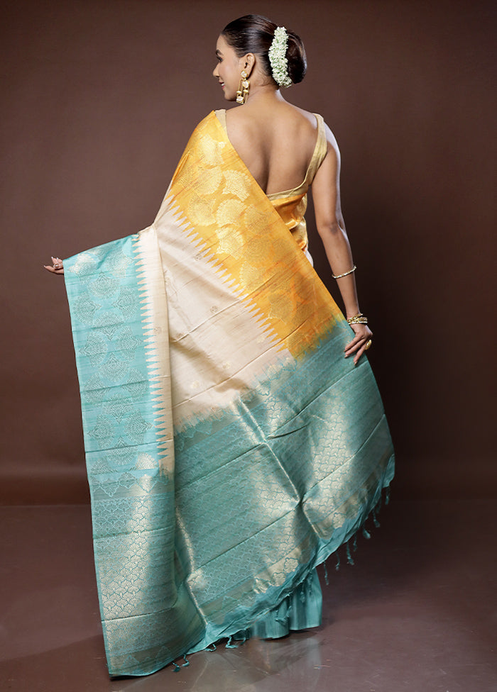 Cream Tussar Silk Saree With Blouse Piece