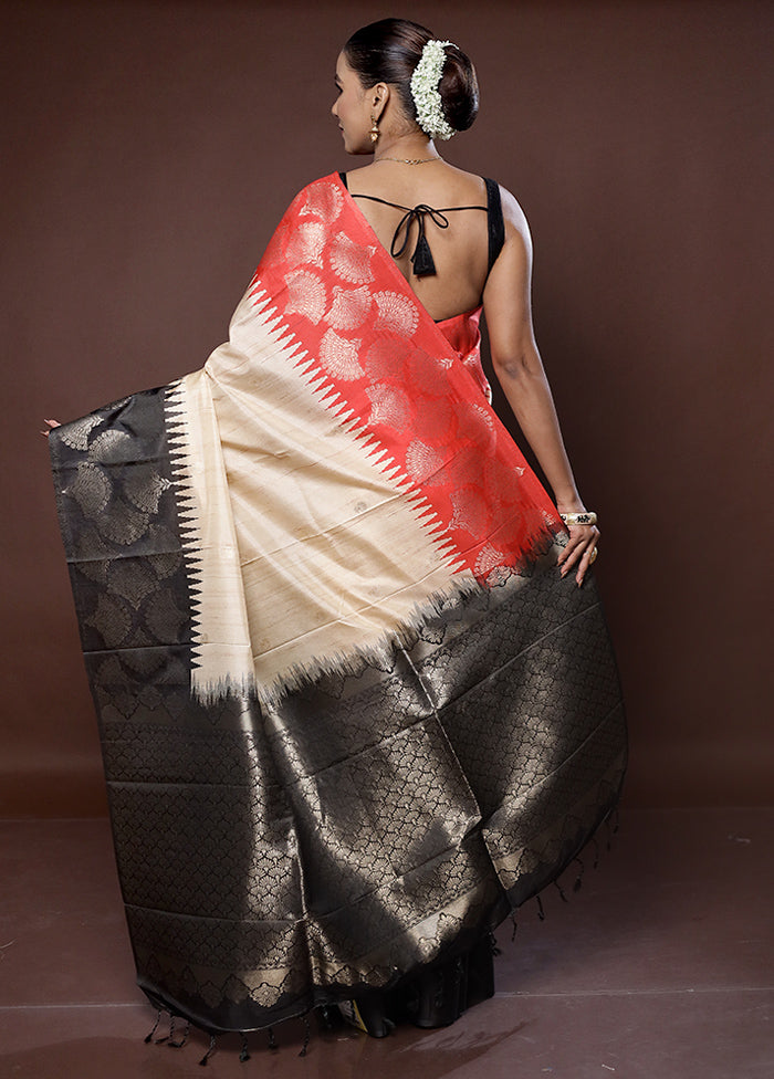 Cream Tussar Silk Saree With Blouse Piece