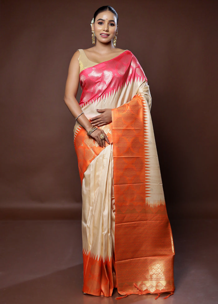 Cream Tussar Silk Saree With Blouse Piece