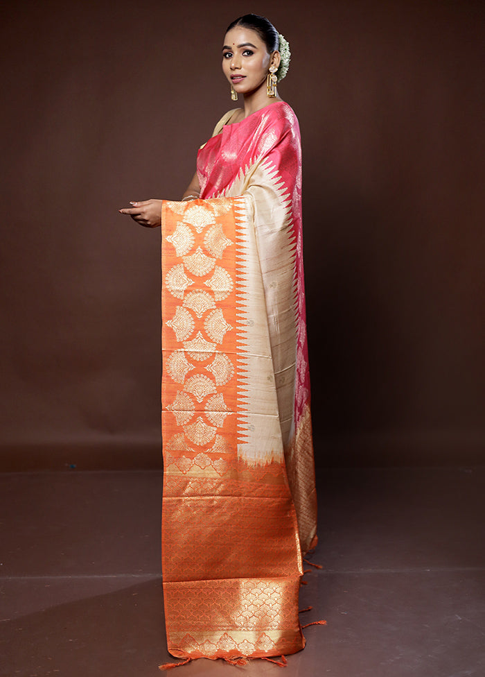 Cream Tussar Silk Saree With Blouse Piece