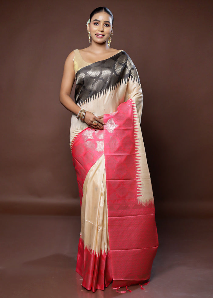 Cream Tussar Silk Saree With Blouse Piece