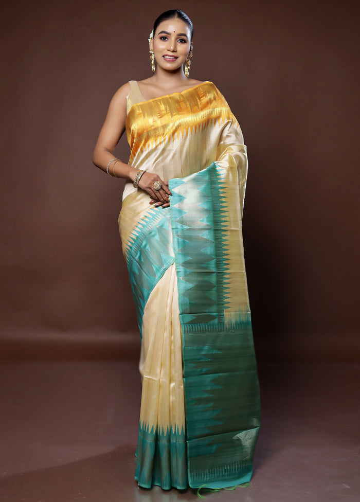 Cream Tussar Silk Saree With Blouse Piece