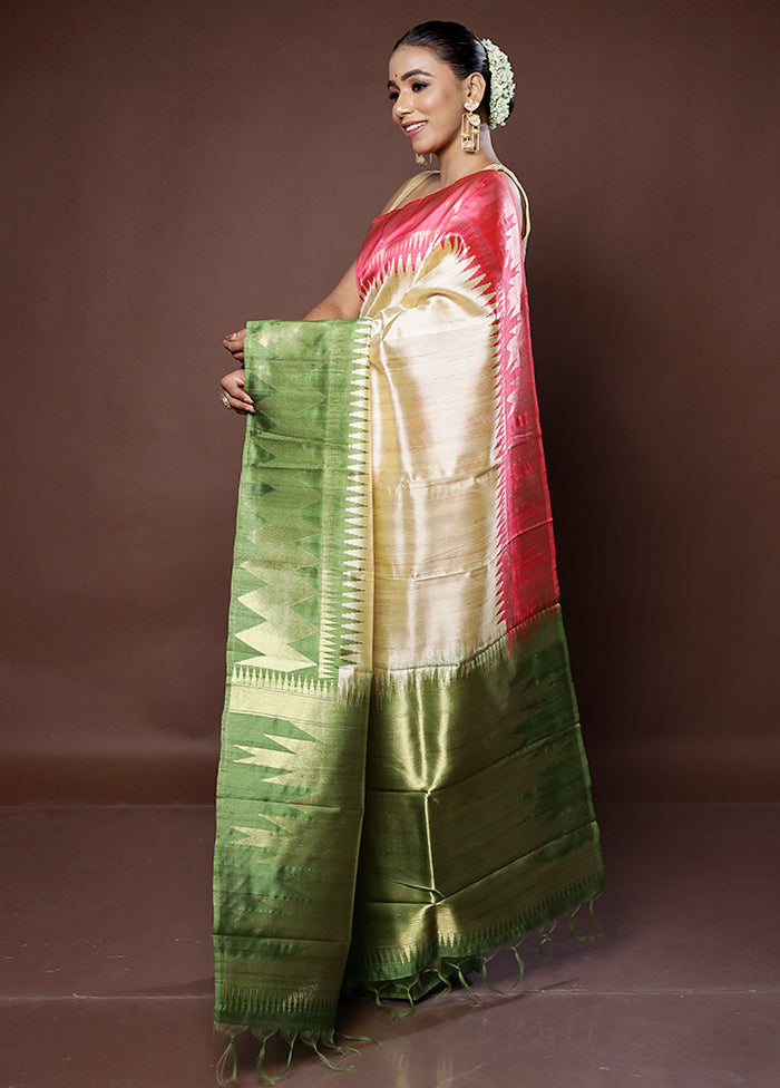 Cream Tussar Silk Saree With Blouse Piece