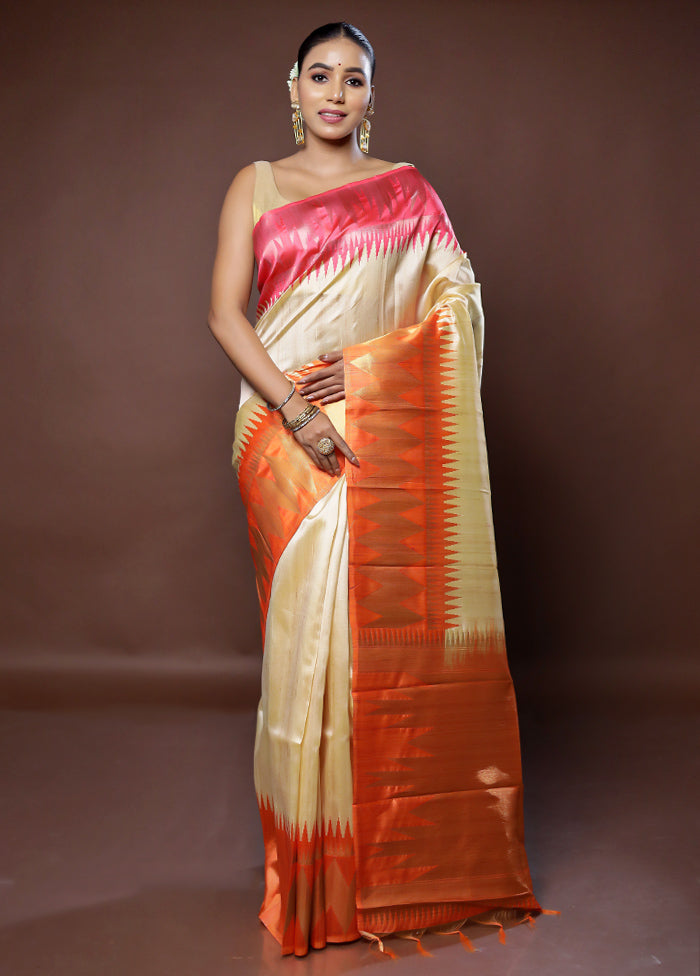 Cream Tussar Silk Saree With Blouse Piece