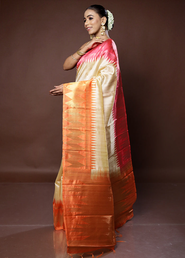 Cream Tussar Silk Saree With Blouse Piece