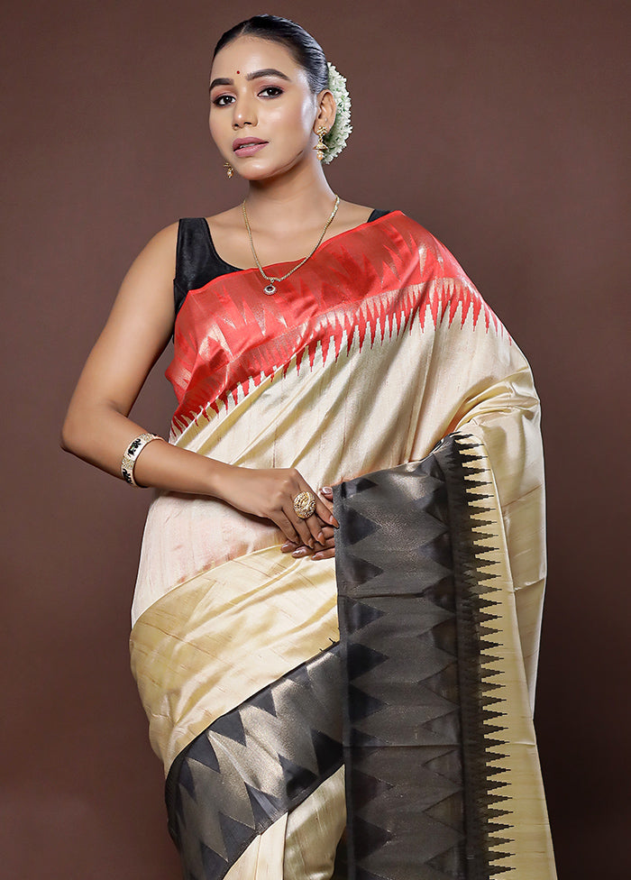 Cream Tussar Silk Saree With Blouse Piece