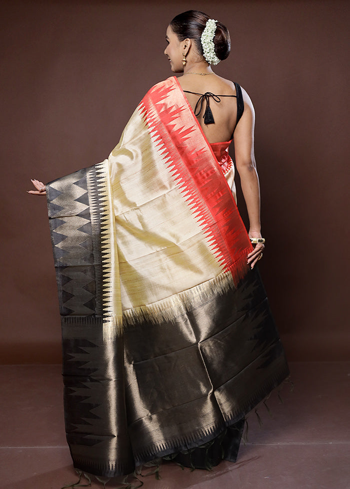 Cream Tussar Silk Saree With Blouse Piece