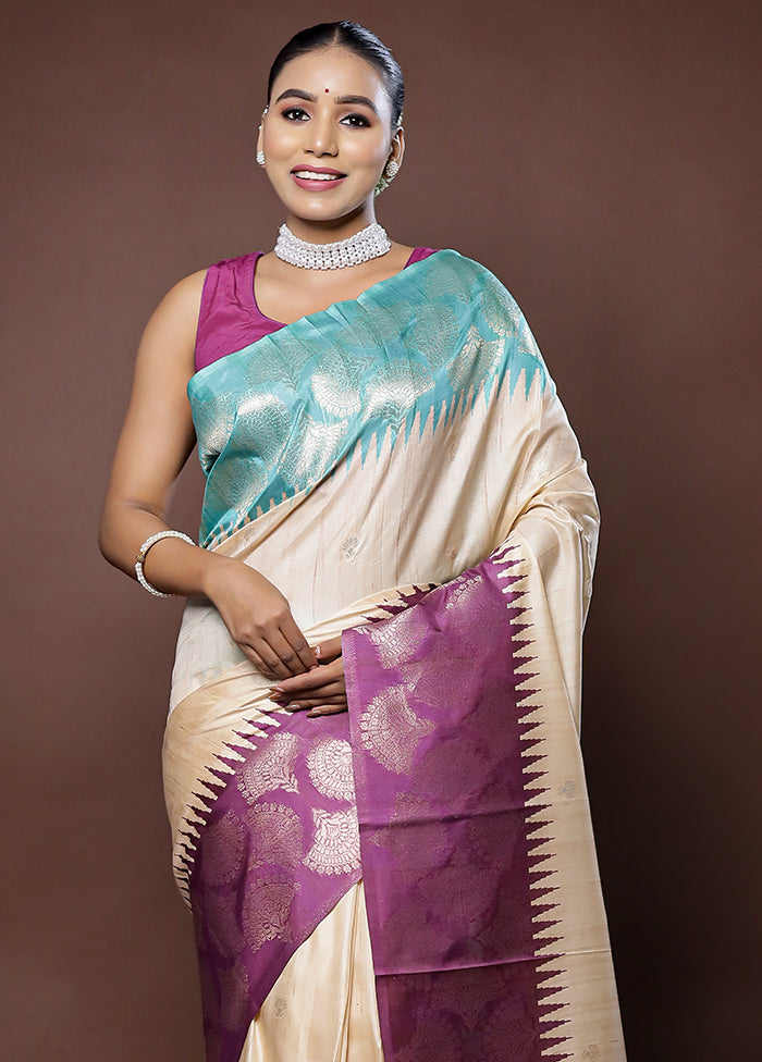 Cream Tussar Silk Saree With Blouse Piece