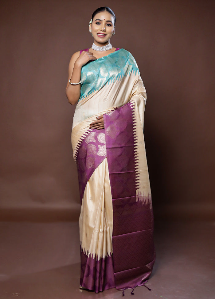 Cream Tussar Silk Saree With Blouse Piece