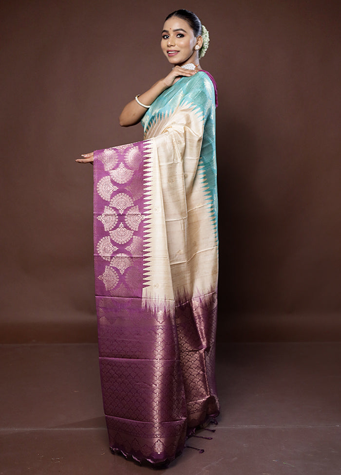 Cream Tussar Silk Saree With Blouse Piece