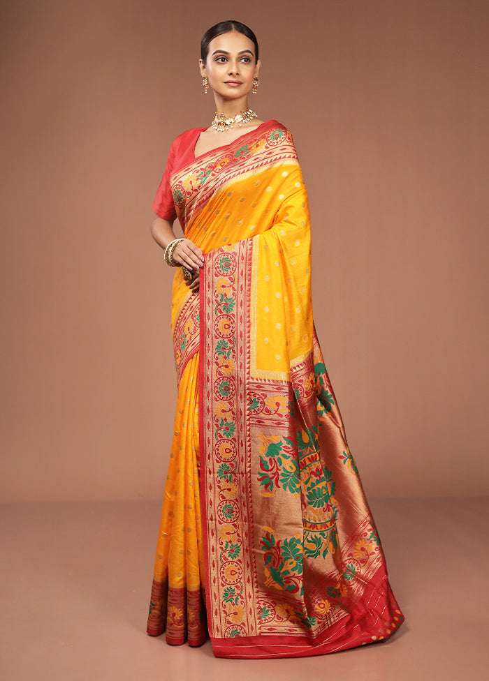 Yellow Dupion Silk Saree With Blouse Piece