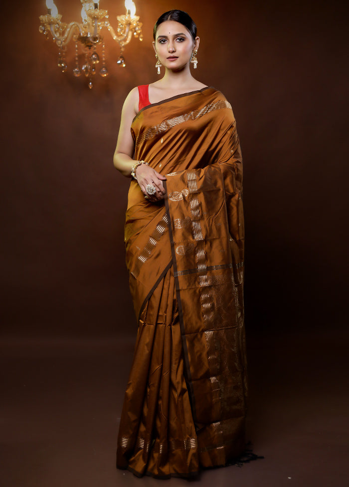 Brown Kanjivaram Silk Saree With Blouse Piece