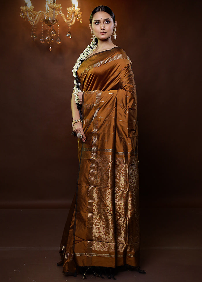 Brown Kanjivaram Silk Saree With Blouse Piece