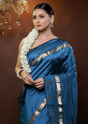 Blue Kanjivaram Silk Saree With Blouse Piece