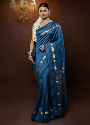 Blue Kanjivaram Silk Saree With Blouse Piece