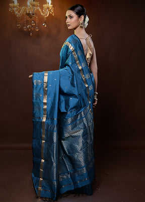 Blue Kanjivaram Silk Saree With Blouse Piece