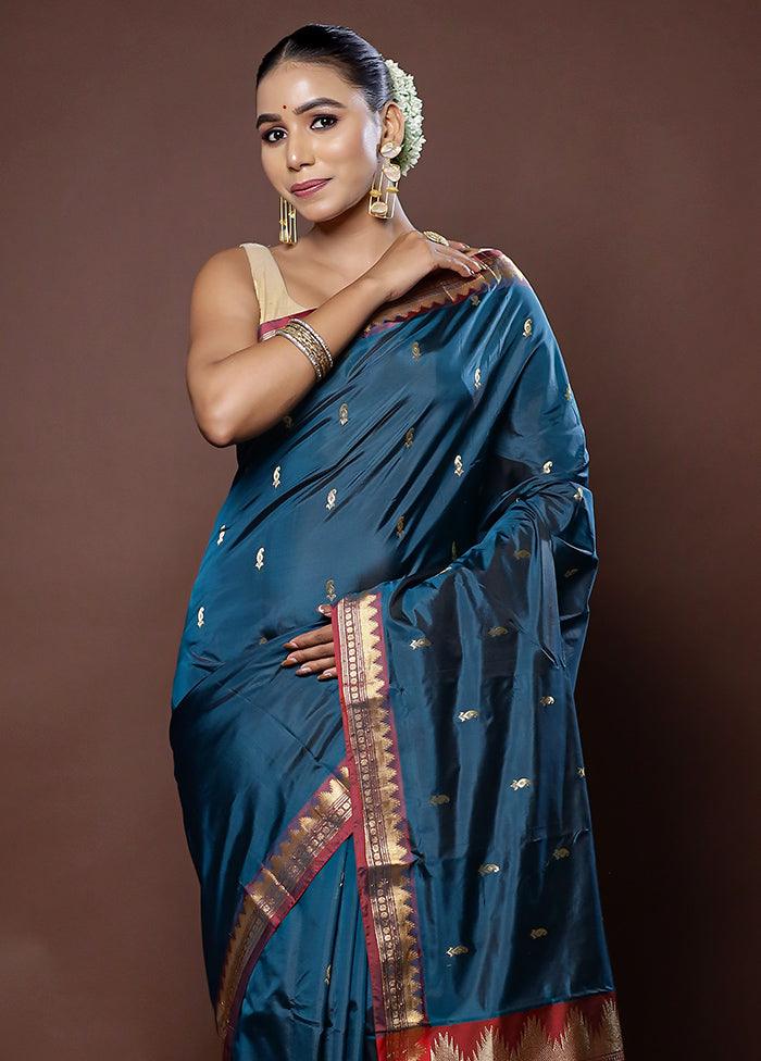 Blue Kanjivaram Silk Saree With Blouse Piece