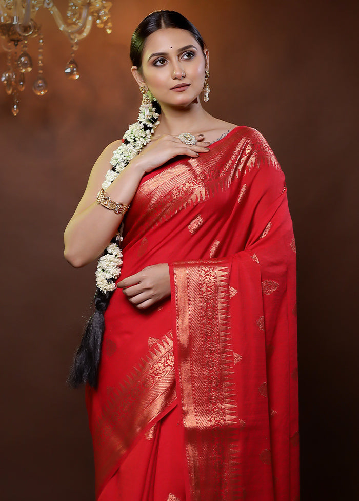 Red Dupion Silk Saree With Blouse Piece