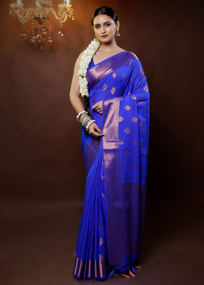 Blue Dupion Silk Saree With Blouse Piece