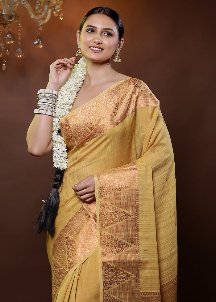 Yellow Dupion Silk Saree With Blouse Piece