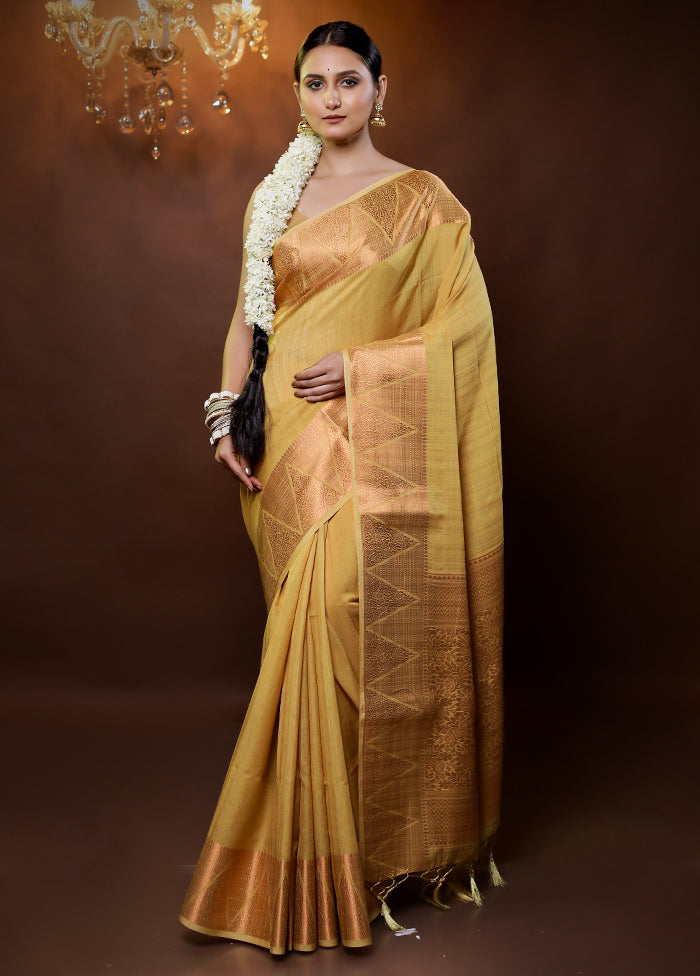 Yellow Dupion Silk Saree With Blouse Piece