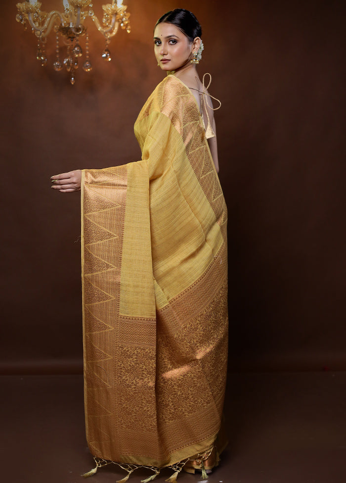 Yellow Dupion Silk Saree With Blouse Piece