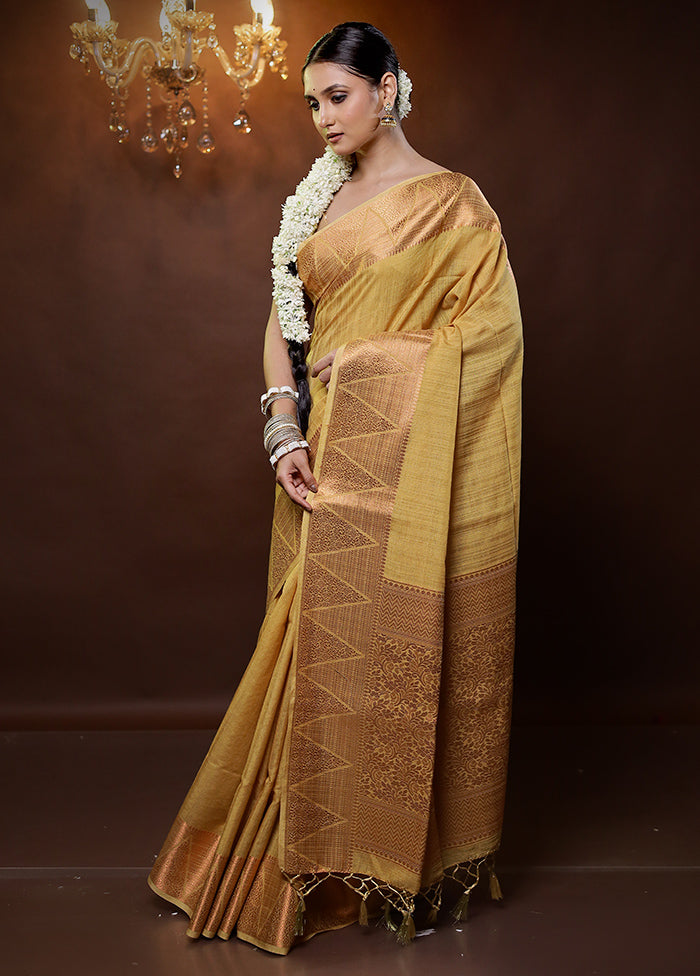 Yellow Dupion Silk Saree With Blouse Piece