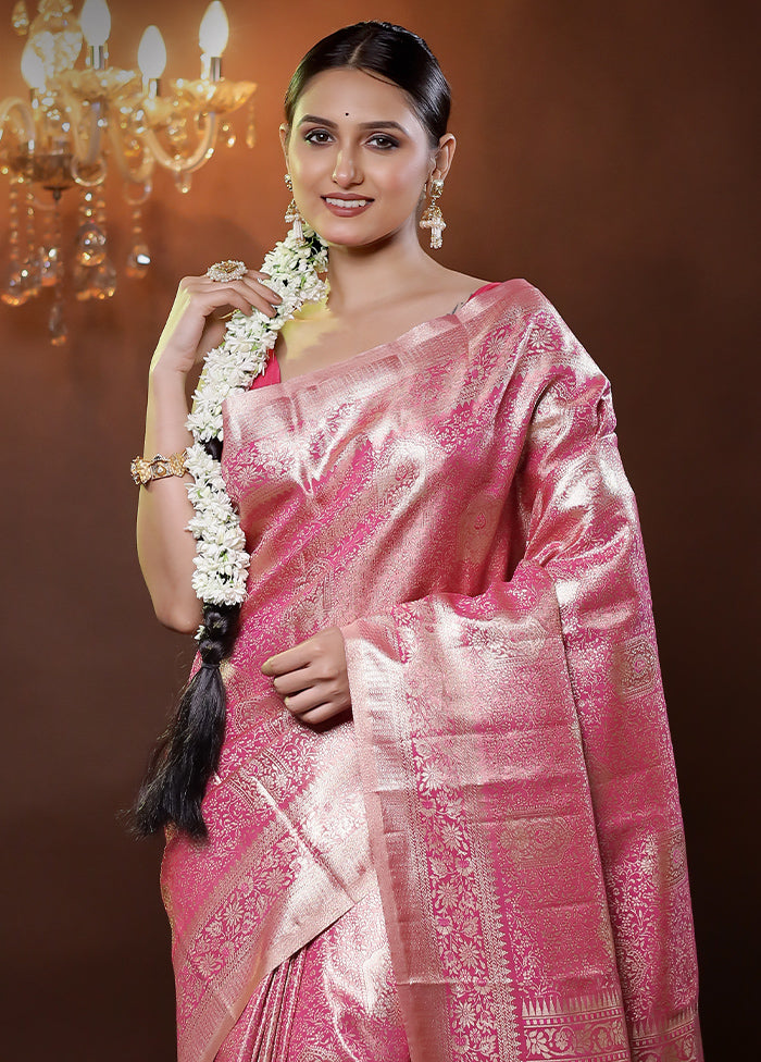 Pink Kanjivaram Silk Saree With Blouse Piece