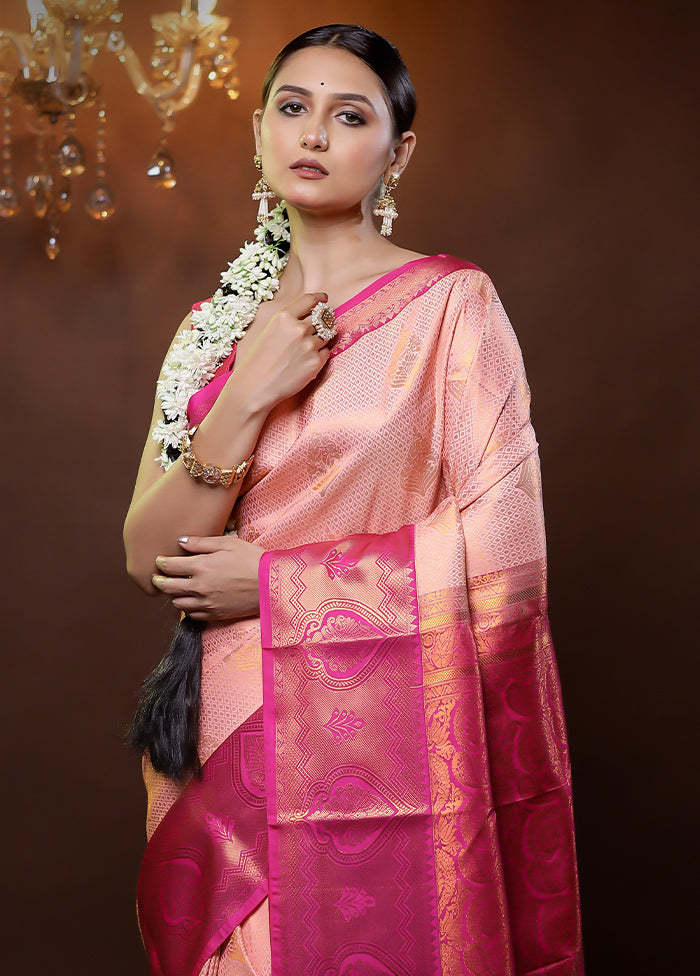 Pink Kanjivaram Silk Saree With Blouse Piece