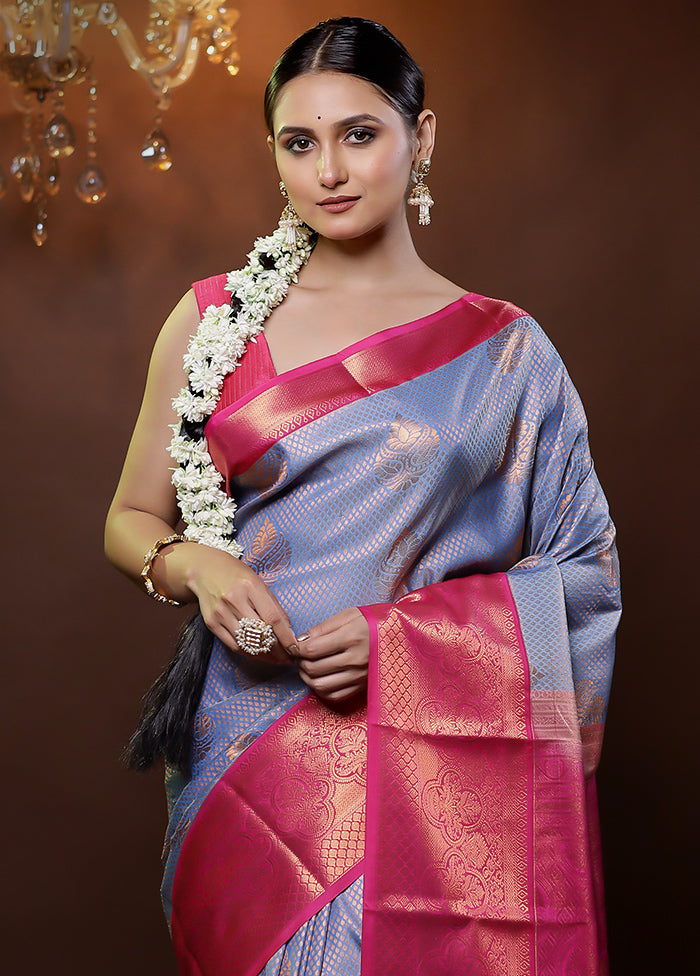 Blue Kanjivaram Silk Saree With Blouse Piece