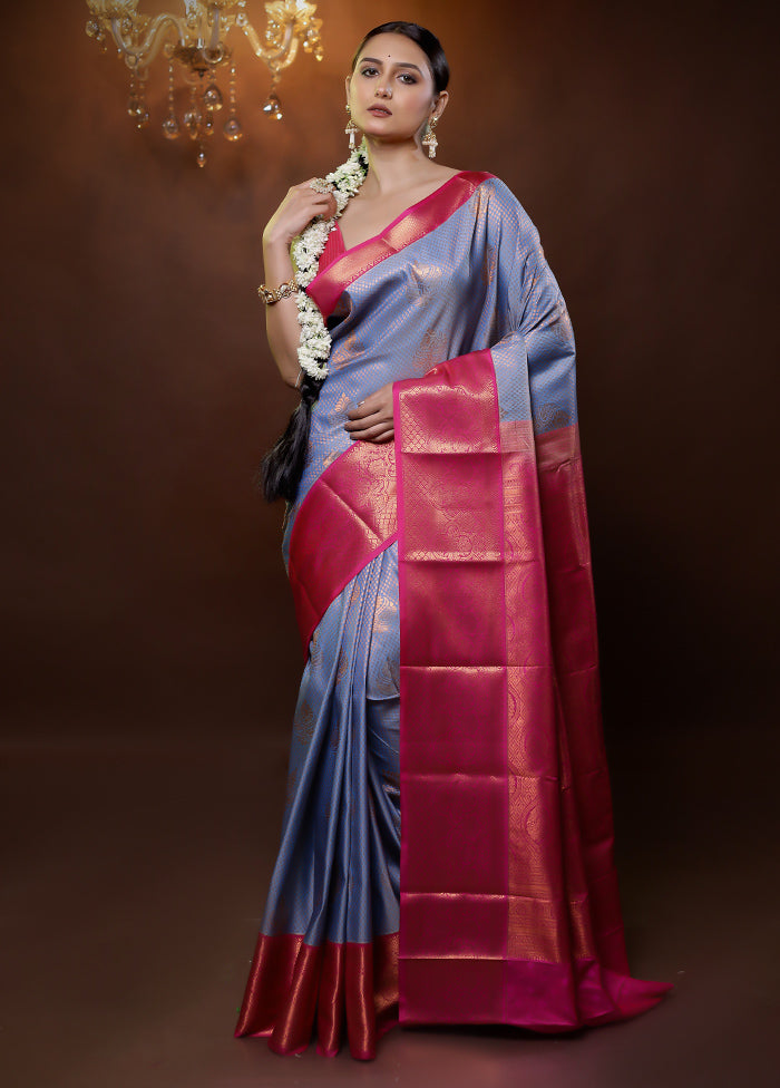 Blue Kanjivaram Silk Saree With Blouse Piece