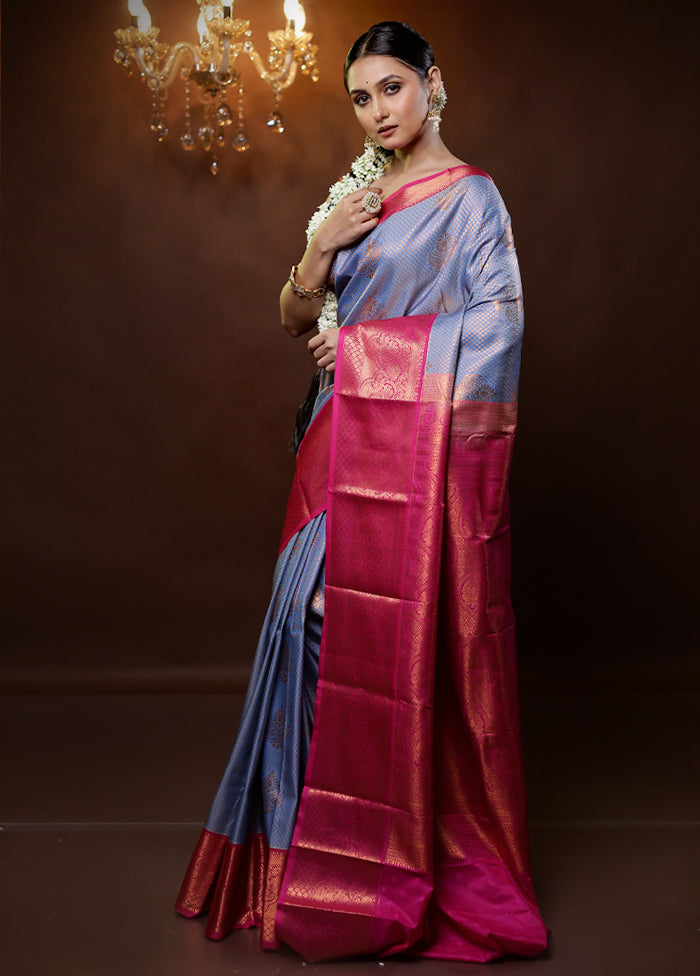 Blue Kanjivaram Silk Saree With Blouse Piece