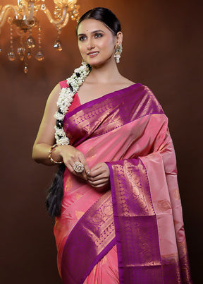 Pink Kanjivaram Silk Saree With Blouse Piece