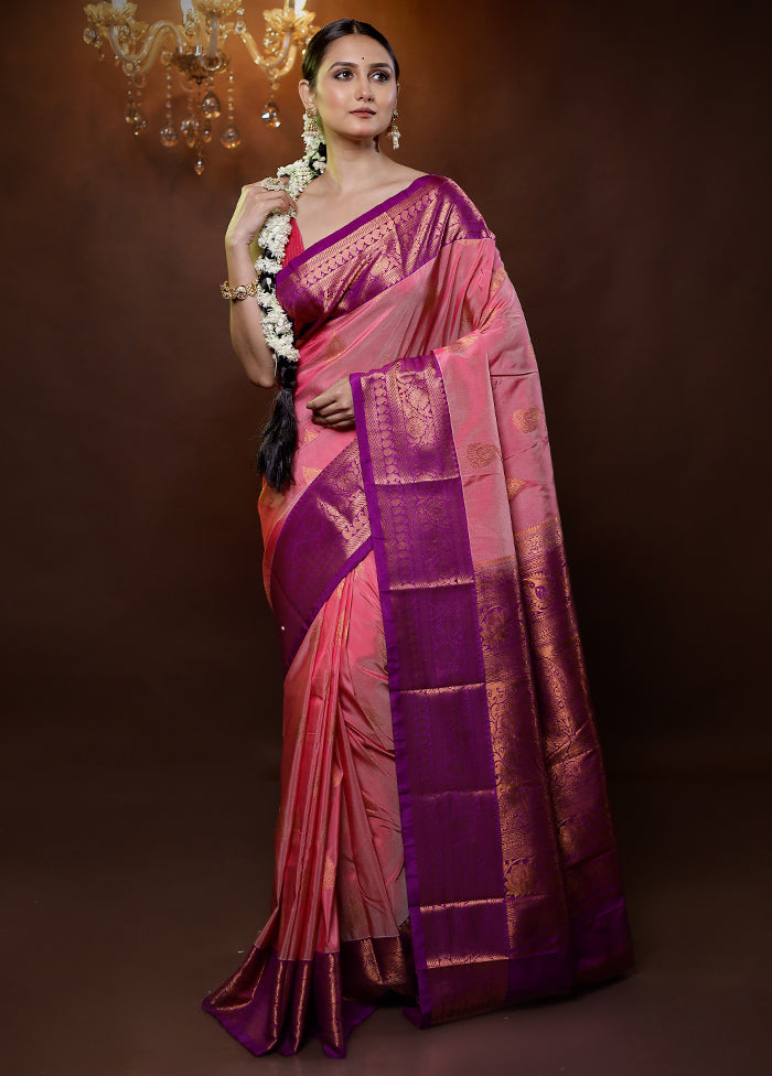 Pink Kanjivaram Silk Saree With Blouse Piece