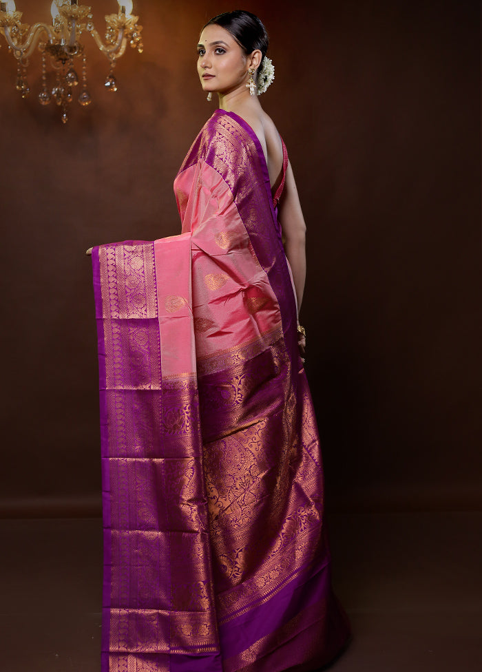 Pink Kanjivaram Silk Saree With Blouse Piece